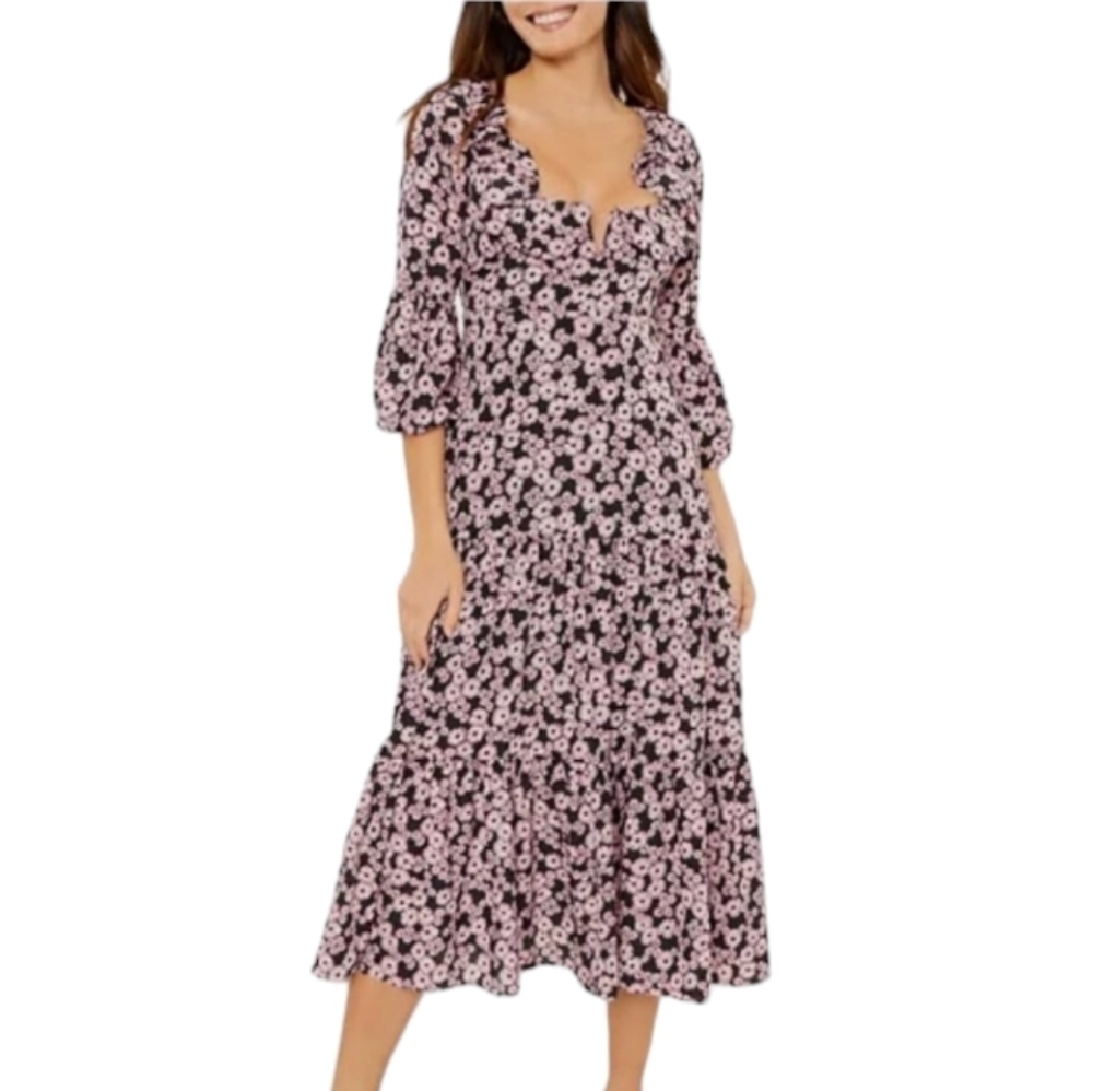 Likely black pink Bella Floral Print Midi Dress Prarie croquet Cottagecore Bridg - Picture 3 of 16